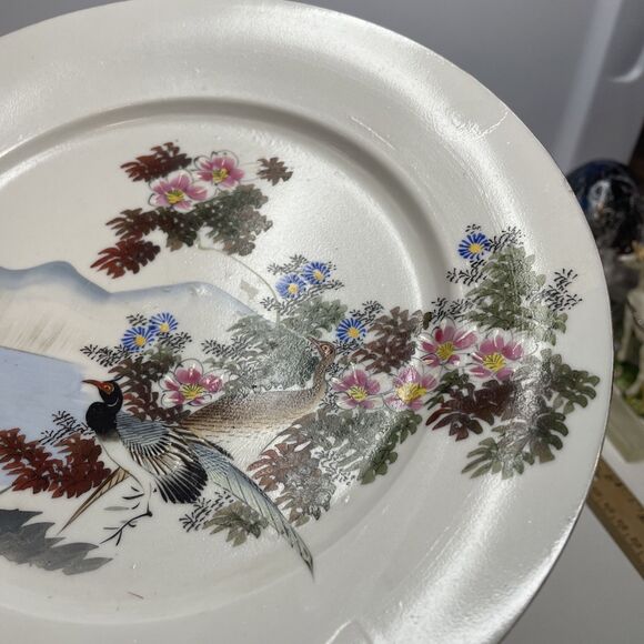 A Pair Japanese Kutani Porcelain Crane/Floral Motifs Plates (Meiji Period) - Picture 4 of 15